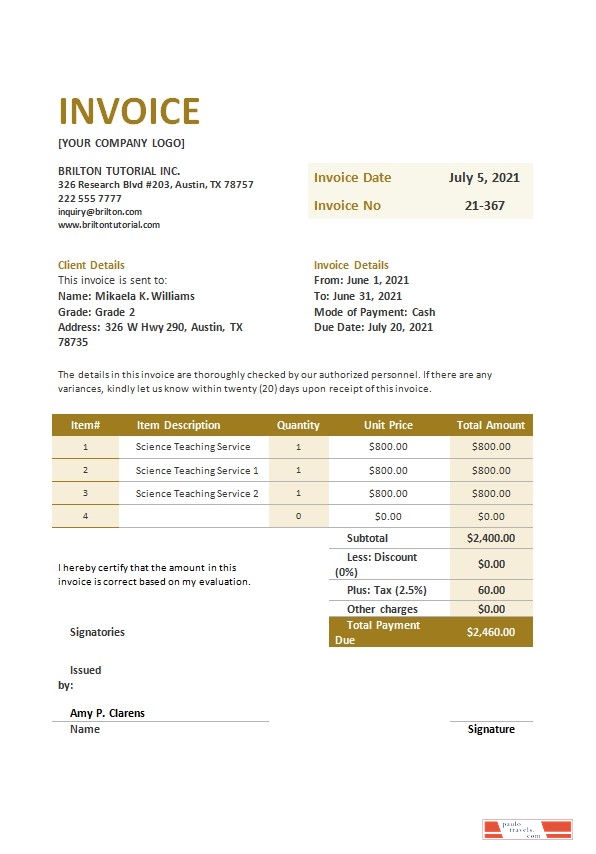 Free Teaching Invoice Template PSD template